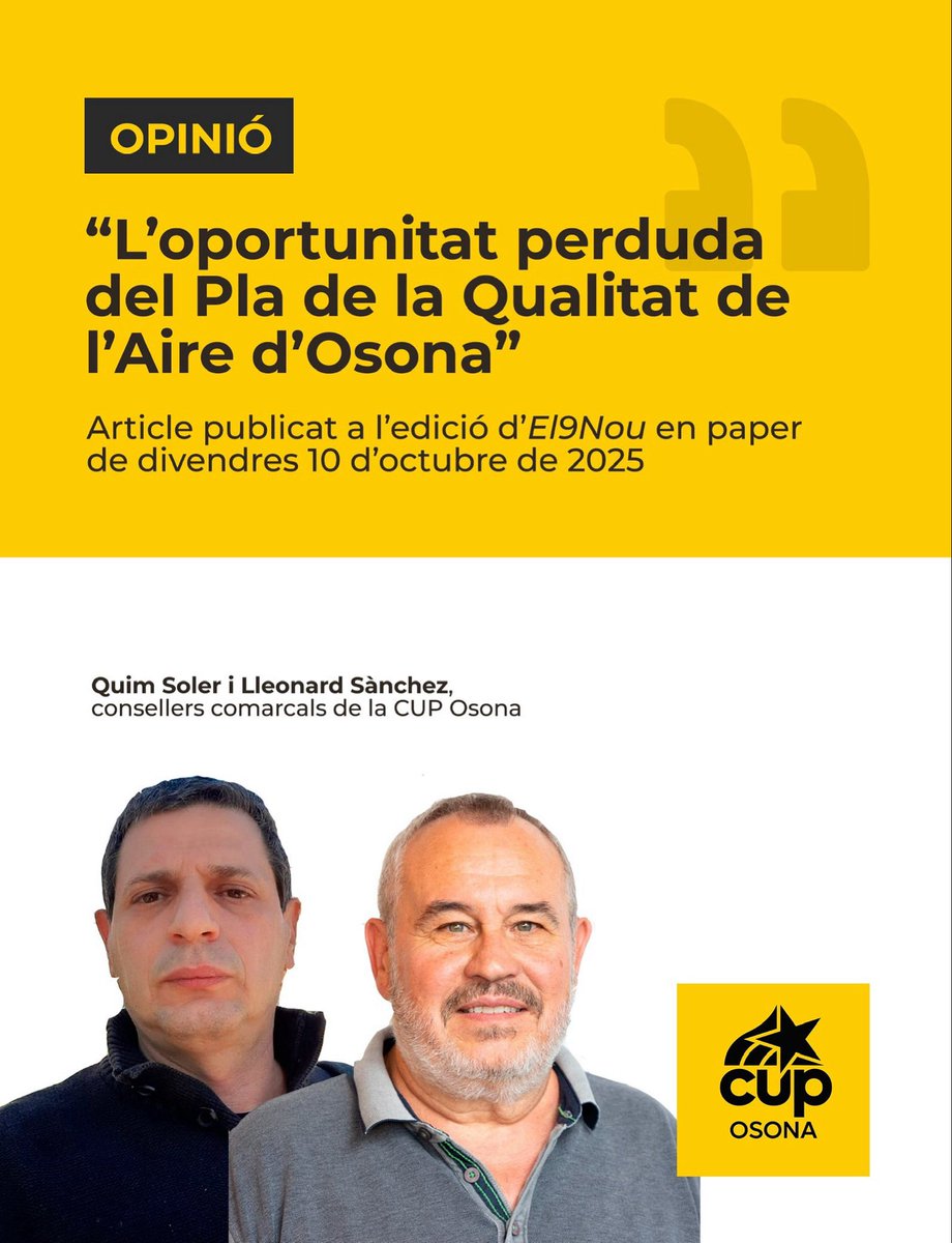 💬 OPINIÓ | "Critiquem la manca d'ambició i de responsabilitat del Pla de Millora de la Qualitat de l'Aire del <a href="/ConsellOsona/">Consell Comarcal d’Osona</a>".

✏️ Per <a href="/Quim_Soler/">Quim Soler</a> i <a href="/lleonardsanchez/">Lleonard Sanchez</a>, consellers comarcals de la CUP #Osona.

🔗 Publicat a <a href="/el9nou/">El 9 Nou</a> de divendres 10 d'octubre: ja.cat/9Kbgt