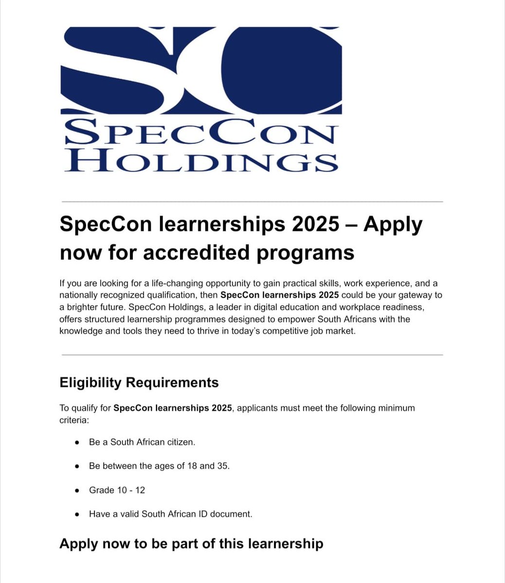 Explore SpecCon learnerships 2025.

✅IT learnership 
✅Admin learnership 
✅Business Learnership 

Requirements 
- Grade 10 or 12
- South African citizens with South African valid ID

Apply here:dailyspark.co.za/speccon-learne…