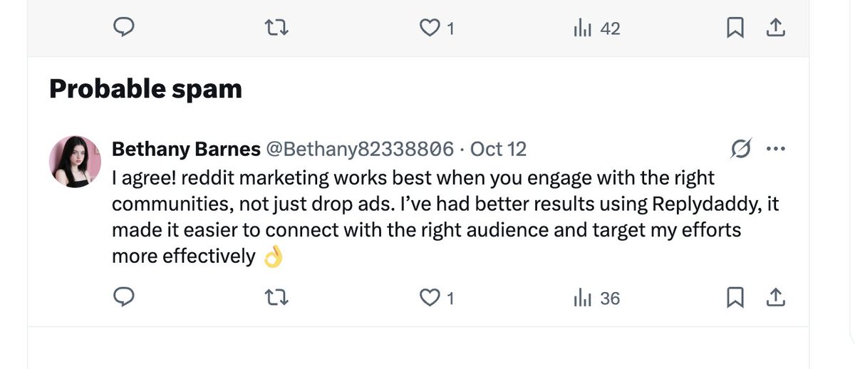 Neelseth's tweet image. Replies are almost always tagged as spam content 

When you open the link comment for your own brand from replymer dashboard, you will obviously see it, but when you actually go to the post, you will not, neither will almost anyone one twitter.