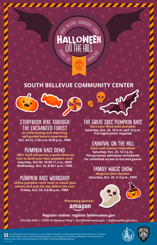 BvuePD's tweet image. If it's October, that means Halloween on the Hill is in Bellevue's future.
Please join the department on Oct. 25 at the South Bellevue Community Center for a fun afternoon for everyone - especially the kiddos. Make sure to wear your costume too!