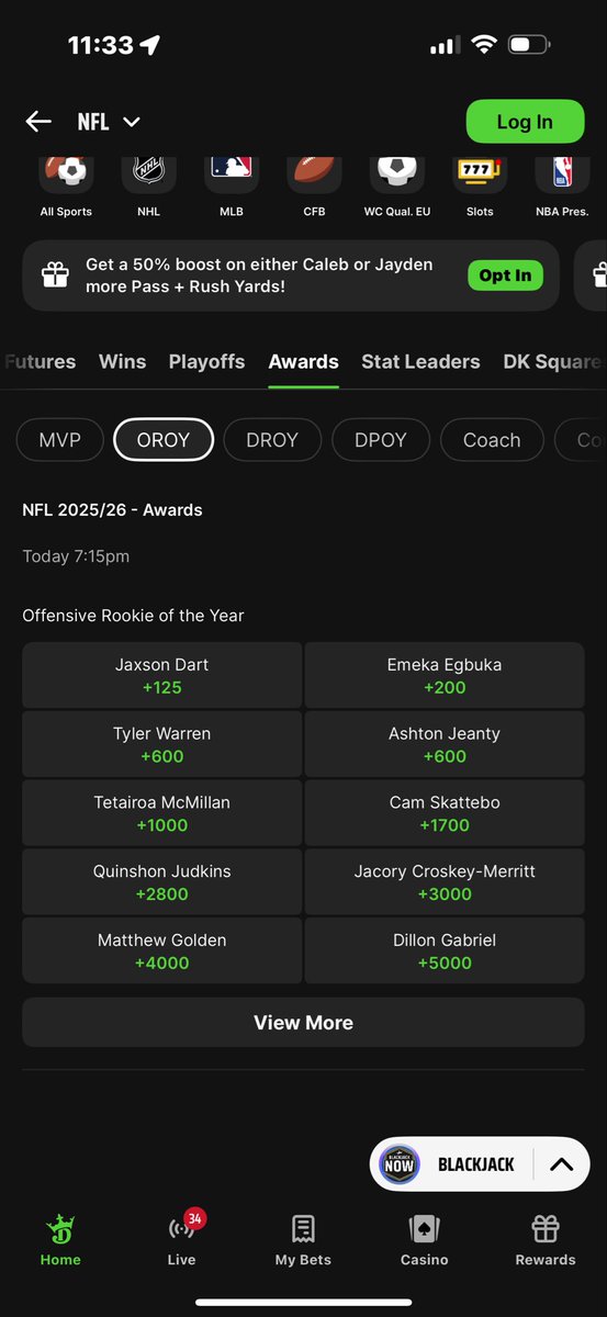 PnRbets's tweet photo. Guys even when picking futures, make sure you shop around for the best price available. In the long run it will save you more and potentially make you more as well. 

You can see what the industry thinks about Jaxson Dart OROY.

That DraftKings +125 price is sticking out like a sore thumb. 

You don’t have to be sharp to be profitable. You just have to understand the basics of the game and you will earn yourself a lot more money.