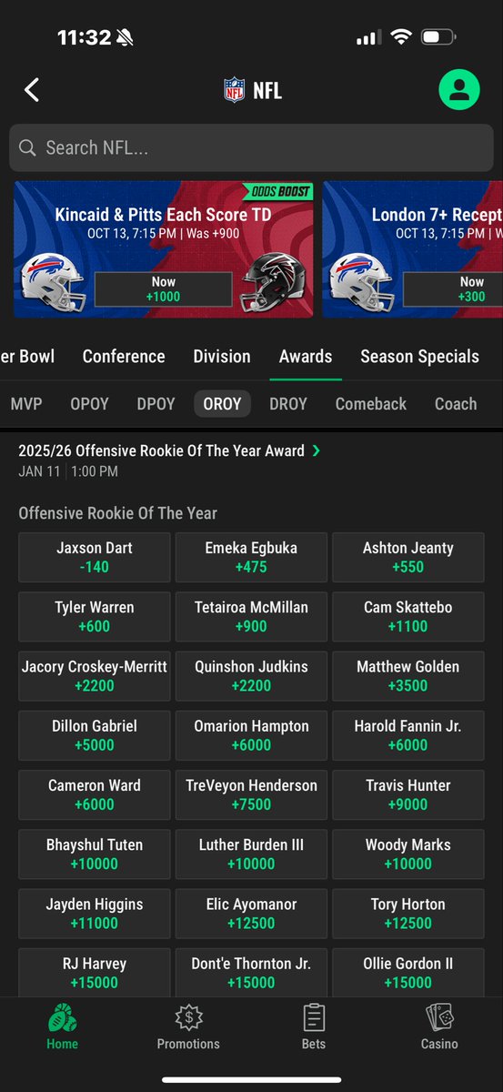 PnRbets's tweet photo. Guys even when picking futures, make sure you shop around for the best price available. In the long run it will save you more and potentially make you more as well. 

You can see what the industry thinks about Jaxson Dart OROY.

That DraftKings +125 price is sticking out like a sore thumb. 

You don’t have to be sharp to be profitable. You just have to understand the basics of the game and you will earn yourself a lot more money.