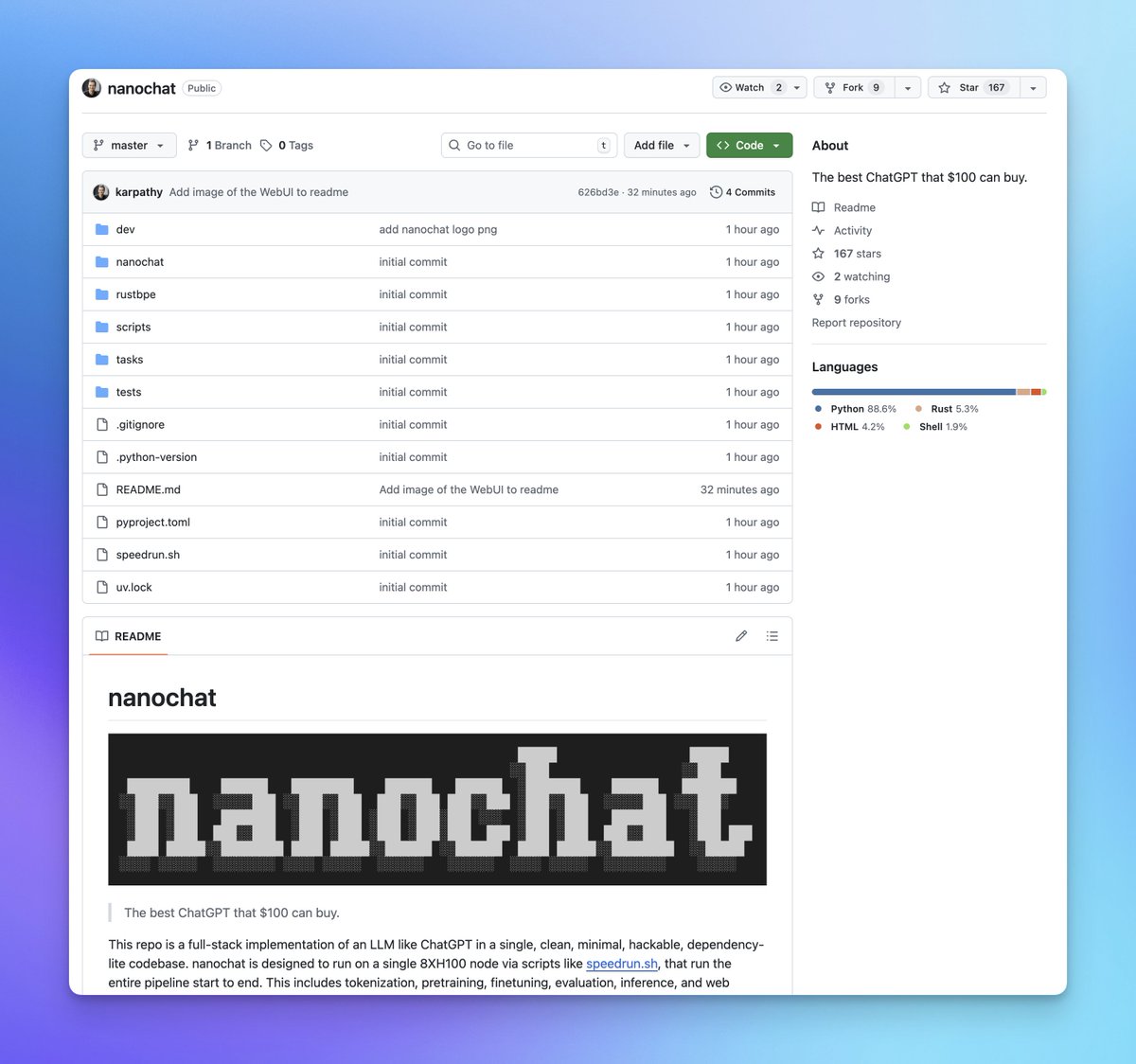 op7418's tweet image. 牛皮!Andrej Karpathy 发布了一个从零构建 LLM 训练和推理的项目:nanochat
基本上跟着学就可以了解 LLM 训练的所有步骤了
只需要 100 美元的算力成本就可以训练出可以对话的模型,而且会带有一个 UI 界面,只有 8000 行代码
项目覆盖从分词、预训练、对齐到推理与 WebUI 的完整闭环,会是他 LLM…