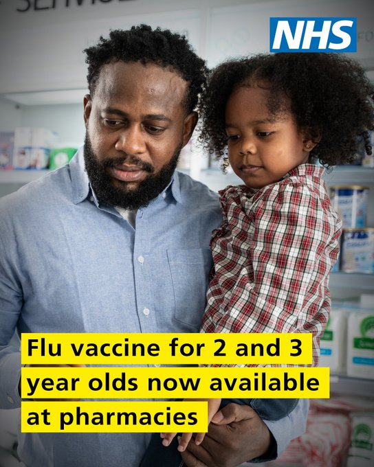 Flu can be very unpleasant for young children and sometimes cause serious illness.  

If your child is 2 or 3, they can get a free NHS nasal spray flu vaccine.  

Book now at your GP surgery or a participating pharmacy in the NHS App.  

More info at nhs.uk/vaccinations/c…