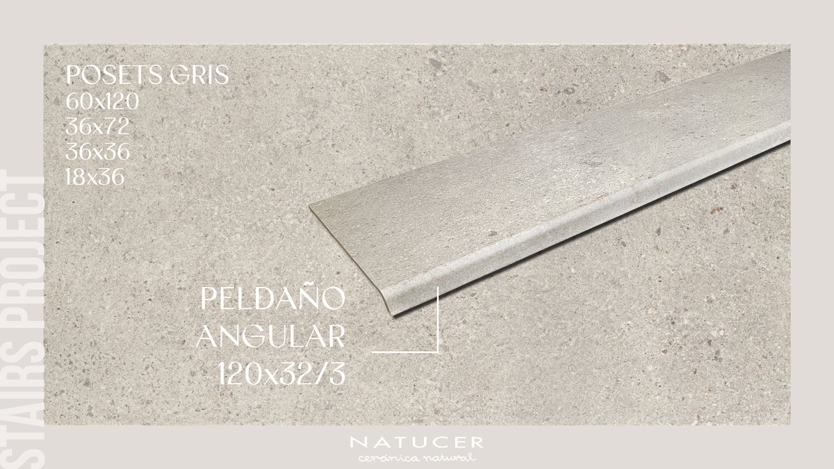 POSETS: escaleras exteriores de porcelánico extruido tipo piedra, superficie mate y antislip, color Gris. Peldaños 120x32/3 cm para máxima resistencia, seguridad y continuidad estética.