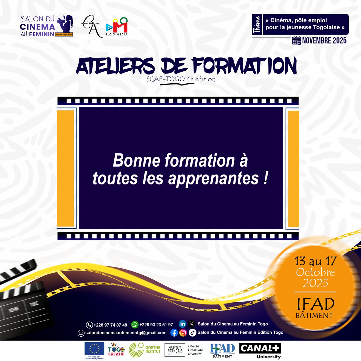 Scaf_Tg's tweet image. A toutes les apprenantes, présentes aux ateliers de cette 4ieme édition nous souhaitons une bonne formation et que l&apos;aventure soit belle et riche en partages.

#SCAF🇹🇬 #Edition4 #Ateliers #Cinema #Lome #Togo