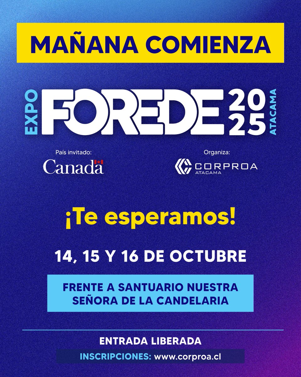 ¡Mañana comienza EXPO FOREDE 2025! No te pierdas el encuentro empresarial más importante de Atacama. Expo-Feria: Frente al Santuario de la Candelaria | Seminarios: Salones de Antay Casino &amp; Hotel. ¡Te esperamos!
#atacama #copiapo #expoforede #forede