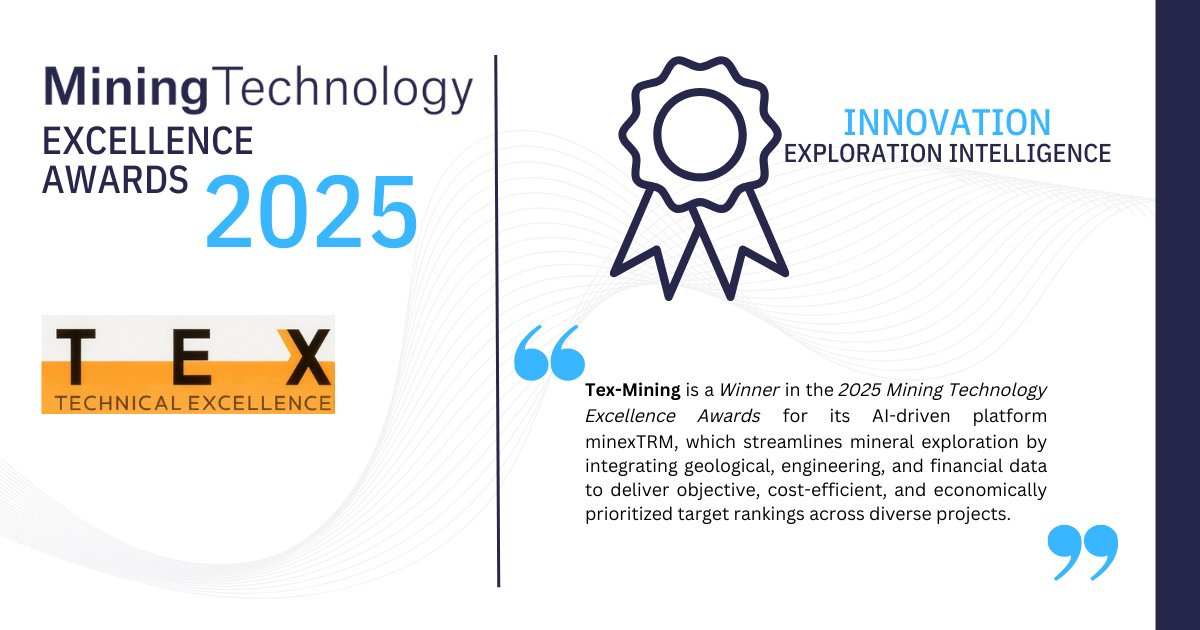 MINE_Magazine's tweet image. Tex‑Mining’s AI‑enabled exploration target ranking platform minexTRM has won this year’s Innovation Award in the Exploration Intelligence category.

Discover more about their award-winning innovation: tinyurl.com/2x4xsdr4

#ExplorationIntelligence #Innovation #AIinMining