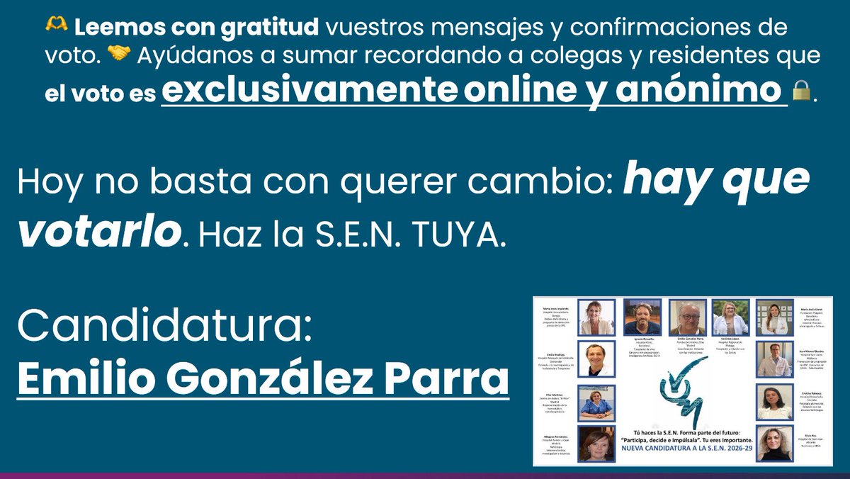 La SENestuya
lasenestuya.es
📣📣📣 Hoy es el día de votar. Hoy es el día de que tu voz se oiga 📣📣
<a href="/SENefrologia/">S.E.N. Nefrología</a> <a href="/FundacionRenalE/">Fundación Renal Española</a> <a href="/SOMANEorg/">Sociedad Madrileña de Nefrología (SOMANE)</a> <a href="/nefrocat/">Societat Catalana de Nefrologia</a> <a href="/nefrosan/">Sociedad Andaluza de Nefrología</a> <a href="/SOCIEDADARAGON1/">SOCIEDAD ARAGONESA NEFROLOGIA</a> <a href="/SociedadBalear/">Sociedad Balear</a> <a href="/SCNefrologia/">SOCIEDAD CANARIA DE NEFROLOGIA</a> <a href="/SOCAMANE2/">SOCAMANE</a> @SenefEXT <a href="/NefroGalicia/">Sociedad Gallega de Nefrología - SGAN</a> <a href="/SOMUNEorg/">Sociedad Murciana de Nefrología (SOMUNE)</a> <a href="/SVNefro/">Sociedad Valenciana de Nefrología</a>