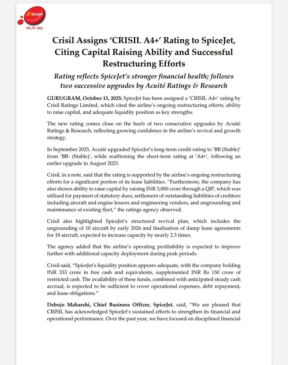 subrata_minu's tweet image. SpiceJet
CRISIL assigns 'A4+'; SpiceJet raised INR 3,000 crore QIP; 10 aircraft ungrounding early 2026.
#SpiceJet #Investor #Niftycrash #OptionsTreding #Investing #Breaking #Nifty #BreakingNews