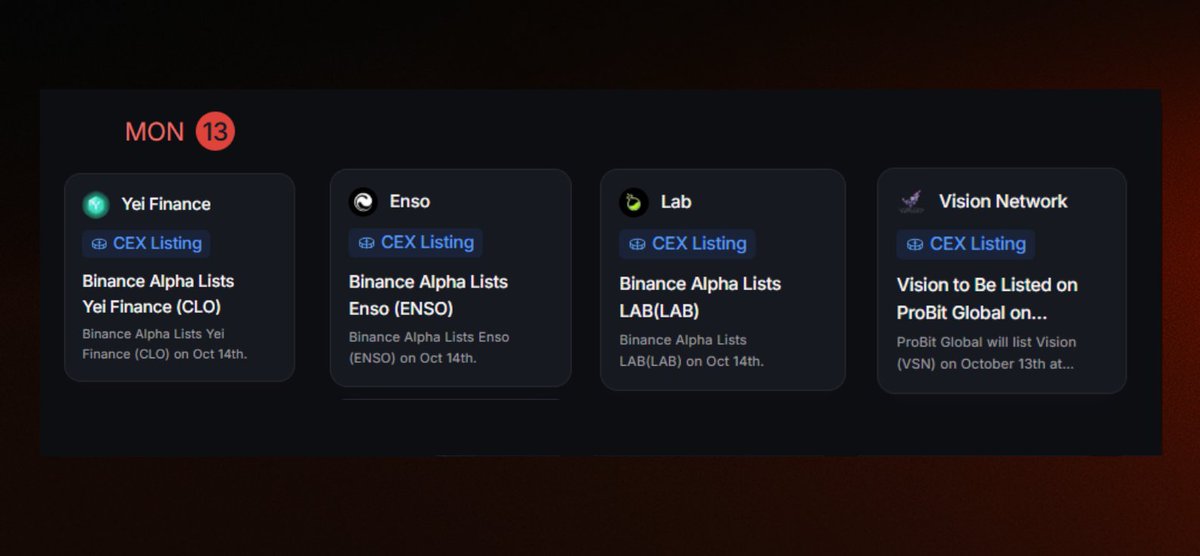 📅 Smart Calendar
Binance Alpha Listings for October 13th📣

$CLO (<a href="/YeiFinance/">Yei Finance</a>)
$ENSO (<a href="/EnsoBuild/">Enso | ⌘ 🛠️</a>)
$LAB (<a href="/LABtrade_/">LAB</a>)