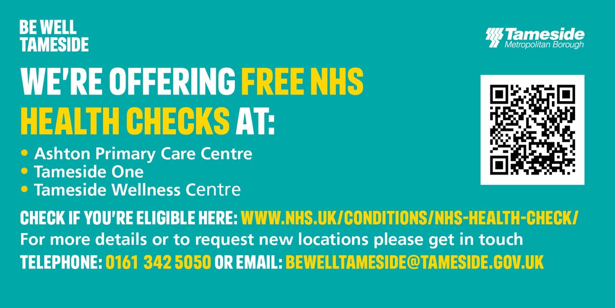 Are you 40-74 with no pre-existing health conditions? 🏥

Alongside other support, we’re offering free NHS health checks at various locations, in the day, evenings and even at weekends!

To check if you're eligible 👇
nhs.uk/conditions/nhs…

To book 👇
public.tameside.gov.uk/OnlineForms/Fo…