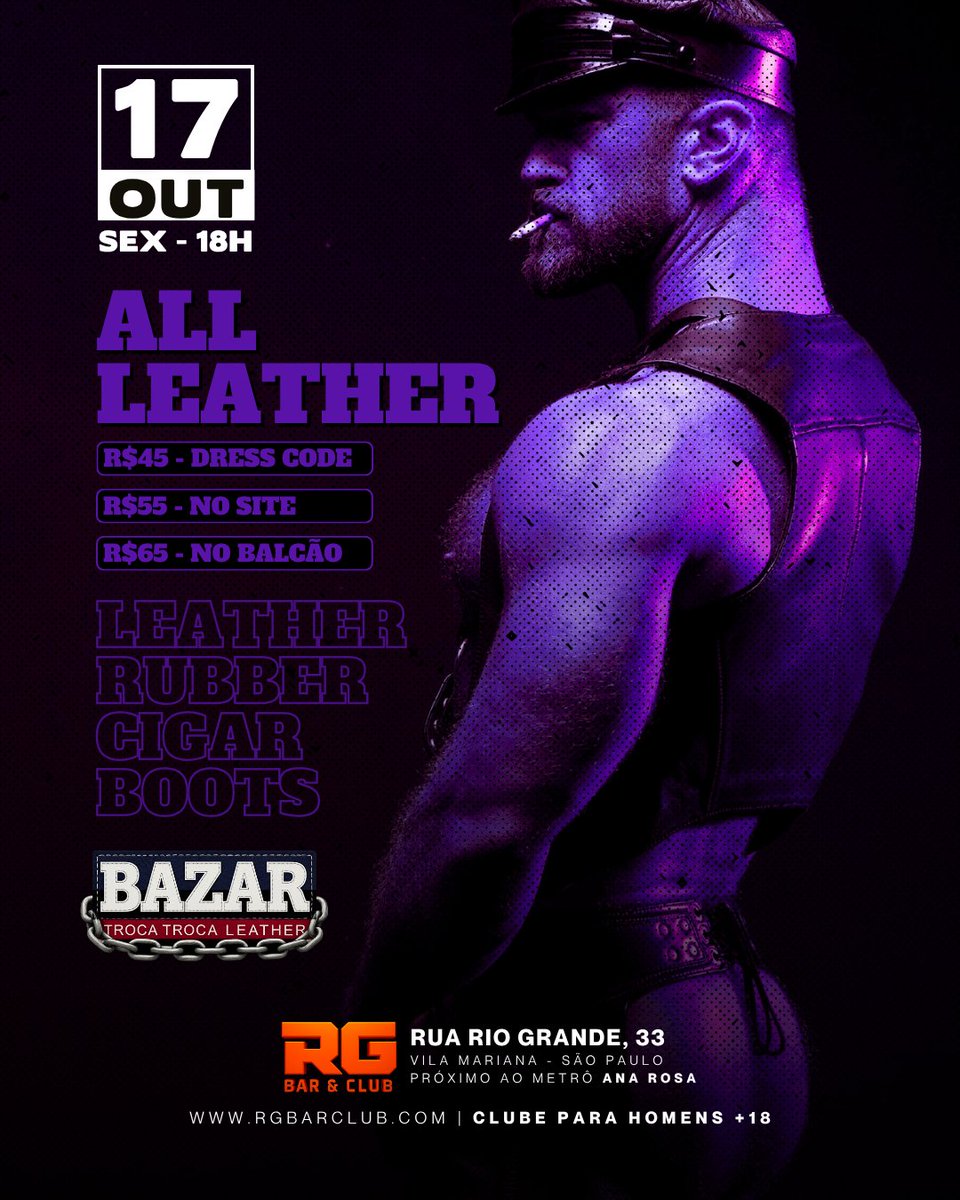 rgbarclub's tweet photo. SEXTA | 17/10 | 18h às 00h
✨ R$45 - Dress Code: Total leather
💵 R$55 - Antecipado 👉 https://t.co/pLlqH7UjcM
💵 R$65 - Balcão
⛔ Entrada até às 23h
🚫 Apenas homens +18
📍 Rua Rio Grande, 33 - Vila Mariana
#RGBarClub #FeticheGay #BarGaySP #SaoPauloGay #SPGay #CruisingGay https://t.co/STCLSfagI6