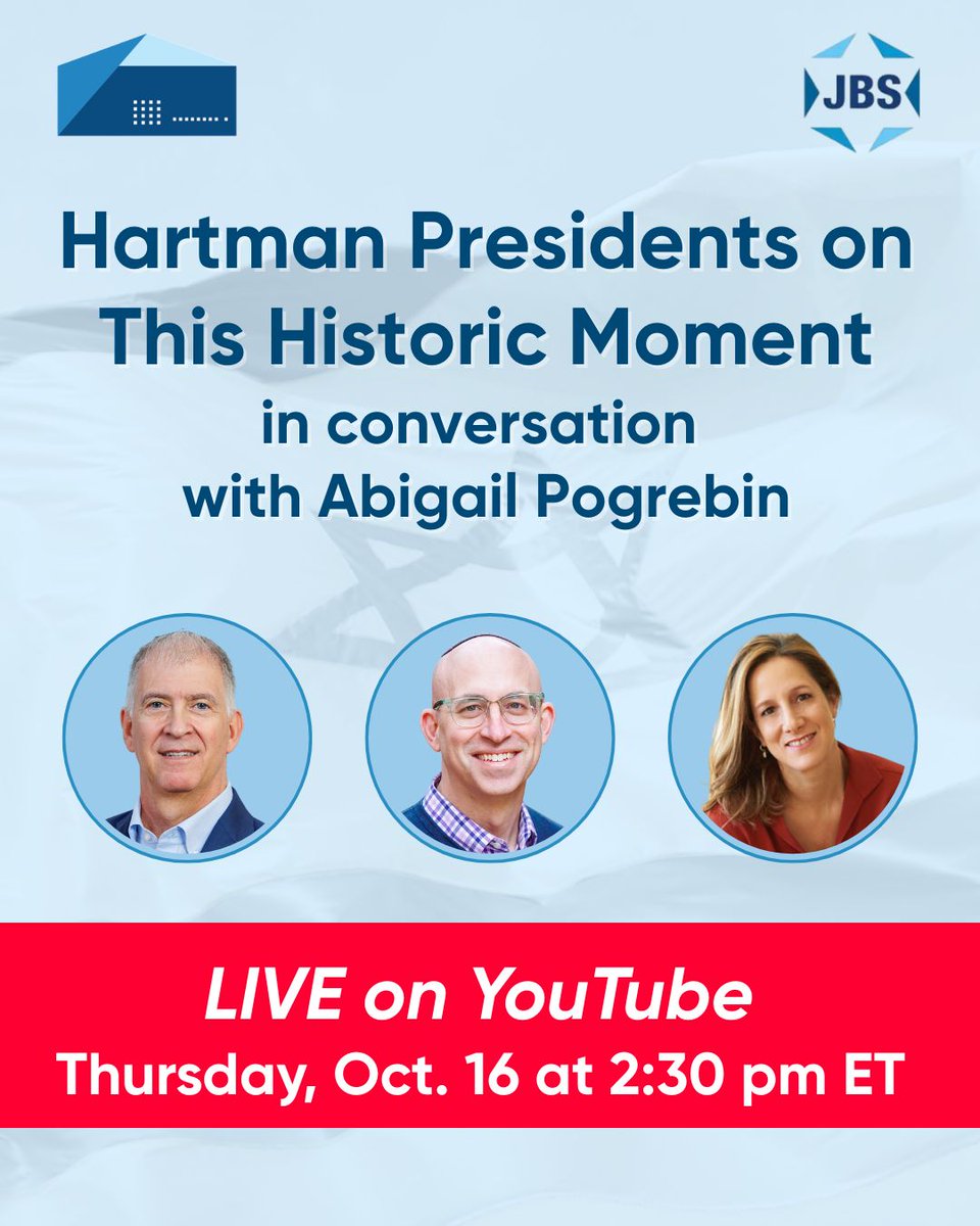 During this historic moment, join us LIVE on YouTube to hear from Donniel Hartman and Yehuda Kurtzer in conversation with Abigail Pogrebin on <a href="/JBSTVORG/">JBS</a> 's In the Spotlight as we assess our new reality and envision our future.

Watch live this Thursday: youtube.com/live/XJds2-To9…