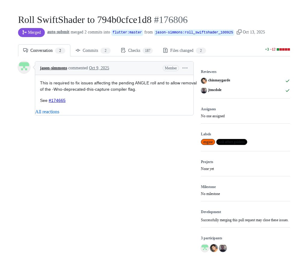 FlutterMerge's tweet image. "Roll SwiftShader to 794b0cfce1d8" by Jason Simmons was merged into #Flutter master github.com/flutter/flutte…