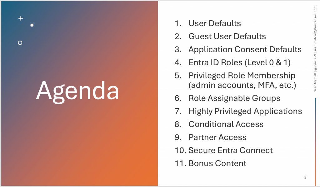 PyroTek3's tweet photo. My BSides NoVA talk from Saturday was called “10 Ways to Improve Entra ID Security Quickly”. I focused on the areas that tend to be missed in Entra ID. Talk slides are now posted.
Download the slides: https://t.co/ql1vQlyHre https://t.co/mVWAJXEGUz