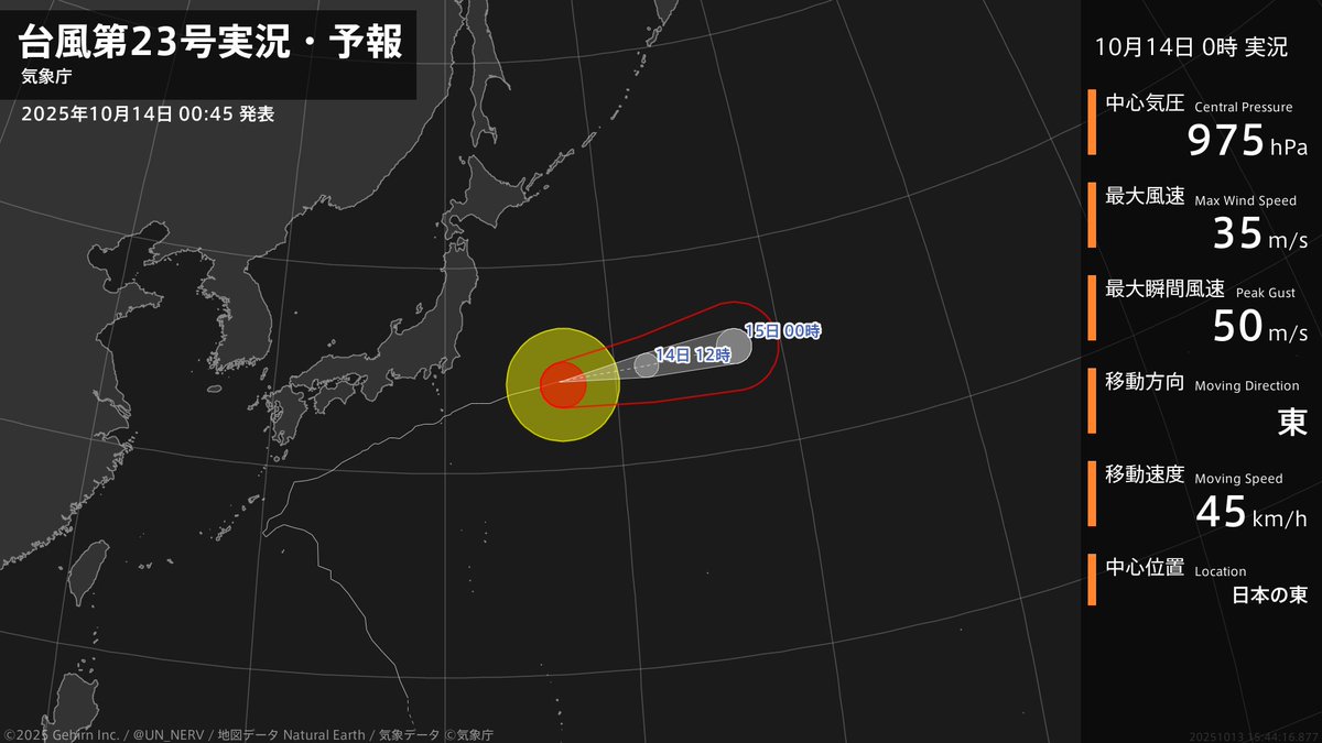 UN_NERV's tweet image. 【台風第23号実況・予報 2025年10月14日 00:44】
強い台風第23号(ナクリー)は、日本の東を1時間に45キロの速さで東に進んでいます。