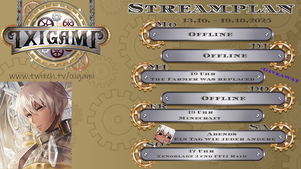 Streamplan-Zeit!

- Mittwoch gibt es "The Farmer was replaced", ein Programmier-Farmer-Spiel mit Steam-Key Giveaway!

- Freitag wieder entspannt Minecraft

- Samstag Abend ist ein Tag wie jeder andere, ihr werdet beGEISTert sein 😏

-Sonntag dann Xenoblade 2 und FF14 Raid