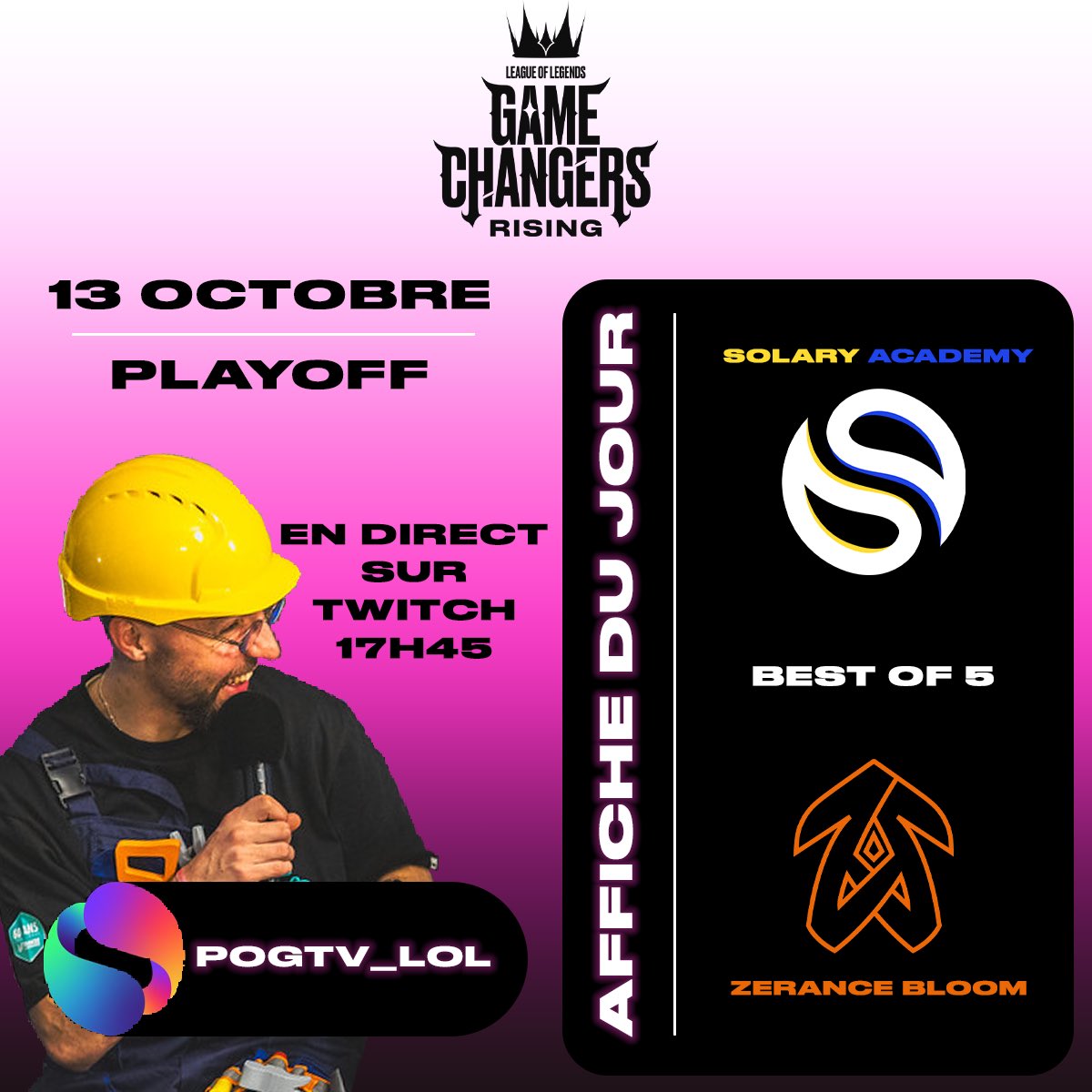 PLOT 🔴🎙 (@hugoleplot) on Twitter photo 🚨 ALERTE CAST 🚨
PLAYOFF <a href="/LoLGameChangers/">Game Changers</a> 🔥
- Première confrontation de ce lower bracket entre :
<a href="/SolaryTV/">Solary</a> ⚡️ <a href="/ZerancePartout/">Zerance</a>
- Merci à <a href="/icijaponcorp/">Ici Japon Corp.</a> de nous héberger dans les locaux ça va être dingue 🤩
🚧 En direct sur <a href="/pogtv_lol/">POGTV - League of Legends</a> 🟣 🚨 ALERTE CAST 🚨
PLAYOFF <a href="/LoLGameChangers/">Game Changers</a> 🔥
- Première confrontation de ce lower bracket entre :
<a href="/SolaryTV/">Solary</a> ⚡️ <a href="/ZerancePartout/">Zerance</a>
- Merci à <a href="/icijaponcorp/">Ici Japon Corp.</a> de nous héberger dans les locaux ça va être dingue 🤩
🚧 En direct sur <a href="/pogtv_lol/">POGTV - League of Legends</a> 🟣