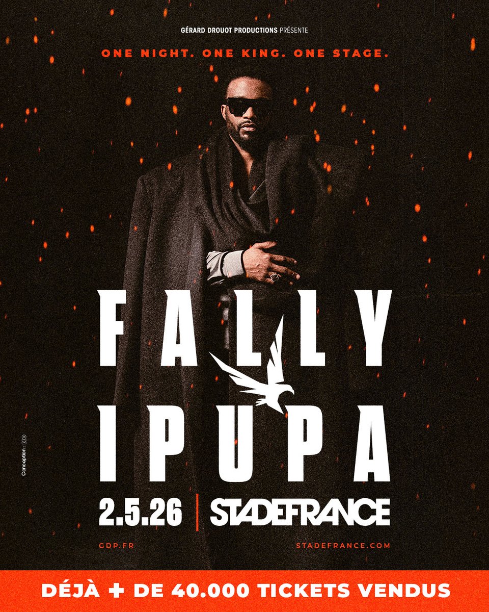 <a href="/fallyipupa01/">Fally Ipupa</a> en concert au <a href="/StadeFrance/">Stade de France</a>
Après avoir rassemblé 40 000 Warriors à <a href="/ParisLaDefArena/">Paris La Défense Arena</a>, ils sont déjà aussi nombreux à avoir réservé leurs places pour le <a href="/StadeFrance/">Stade de France</a>.
Un rendez-vous historique à ne pas rater. 
Rdv le 2 mai 2026   
Les derniers billets sont disponibles