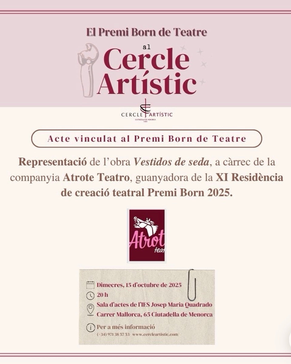 🎭 La companyia Atrote Teatro, de Valladolid, ja prepara a Ciutadella la representació de l’obra ‘Vestidos de seda’, guanyadora de la XI Residència de Creació Teatral del #Premi Born, una reflexió sobre com afecta la pressió dels ideals de bellesa 👡👠 a les xarxes socials 📸.