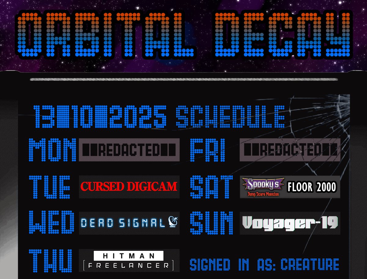 True_Creature's tweet image. schedule for the week, little break from the horror on thursday