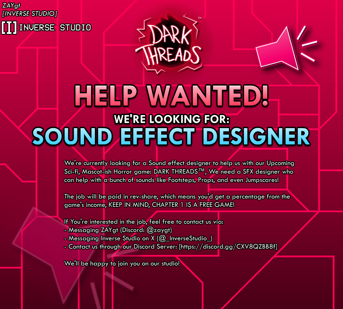 _InverseStudio_'s tweet photo. 📢HELP WANTED!
WE'RE LOOKING FOR A SFX DESIGNER!🔊
Contact us on X: https://t.co/DVVrhuZPnG
or Join our discord server for more information: https://t.co/XAR3B3zUZ3
💸REV-SHARE JOB!
#indie #indiegame #indiedev #helpwanted #sound #sfx #scifi #horror #mascothorror #UnrealEngine5 https://t.co/VsBgSRHVhd