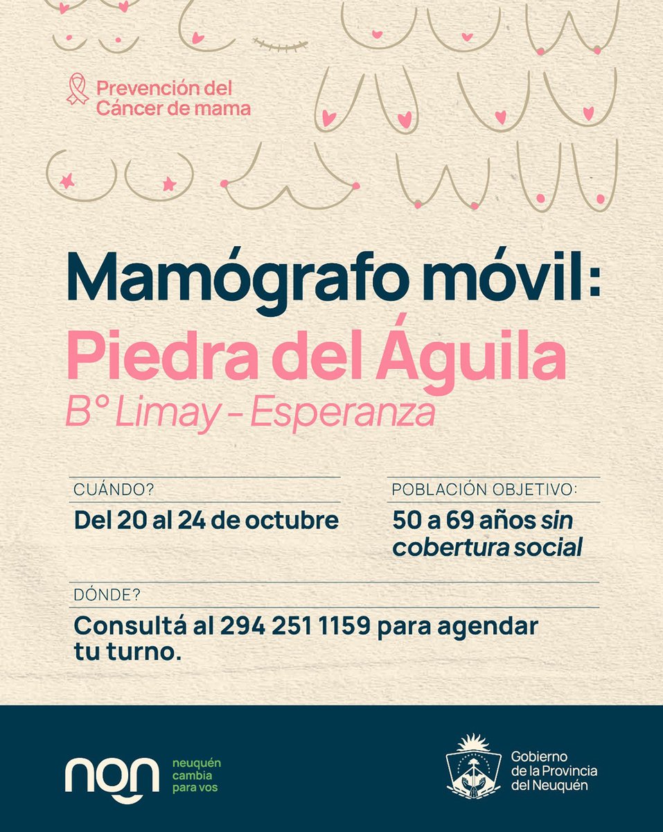 🎀 Hacerse la mamografía es una decisión que puede salvar vidas. La detección temprana del cáncer de mama permite iniciar tratamientos oportunos y aumentar las posibilidades de cura.

✅ El estudio es gratuito, rápido y accesible. No requiere turno ni orden médica.