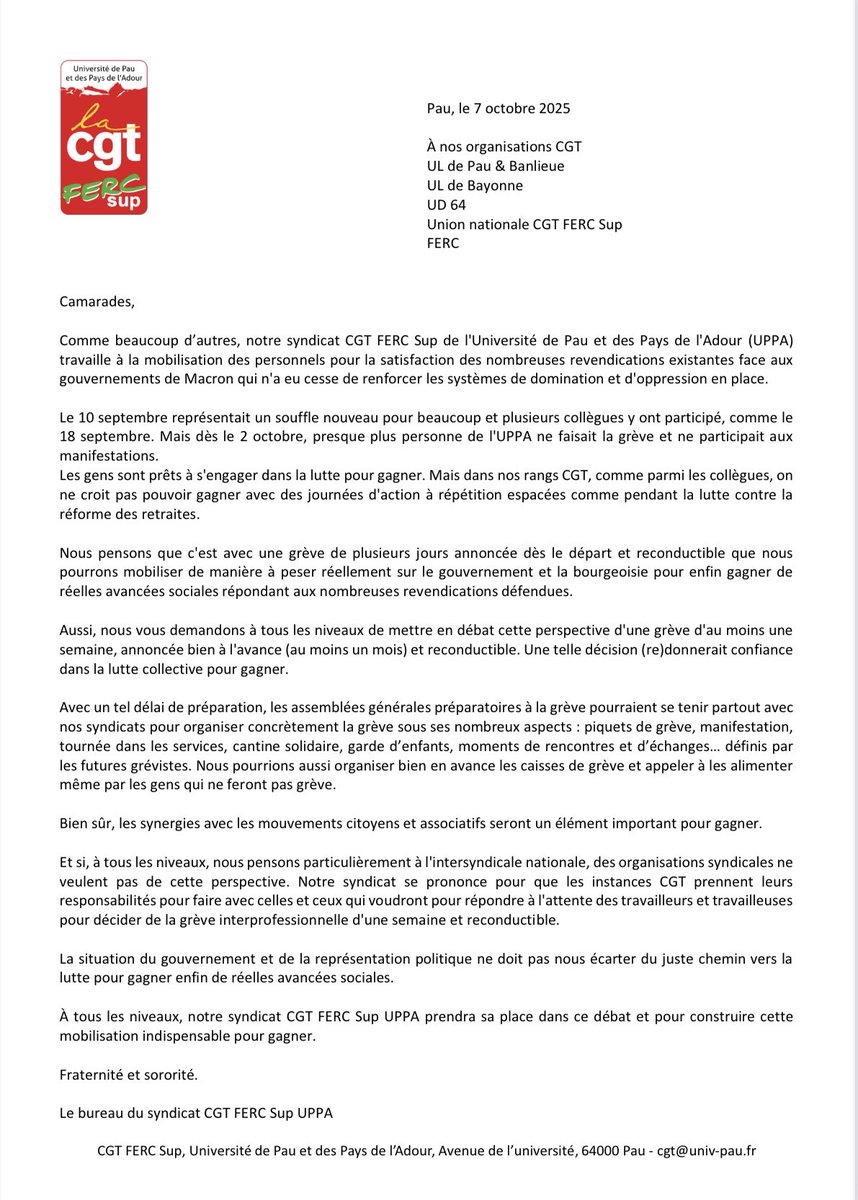 Notre syndicat se prononce pour une grève d’une semaine reconductible et propose de lancer la discussion partout pour préparer une telle perspective.
#greve #revendications #GreveReconductible #GreveInterProfessionnelle  
<a href="/CgtFercSup/">CGT FERC Sup</a> <a href="/FercCgt/">FERC CGT</a> <a href="/UFSE_CGT/">UFSE-CGT</a> <a href="/CGTCadresTechs/">Ugict - les Ingés Cadres Techs CGT</a>