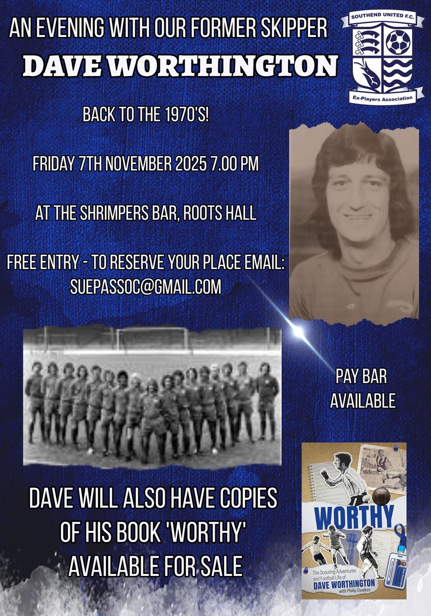 A FREE evening out full of Shrimper 1970's memories (and so much more) with one of our former club captains - what could be better?
To secure your place please EMAIL us at suepassoc@gmail.com saying how many places you would like reserved for what will be a great night.
