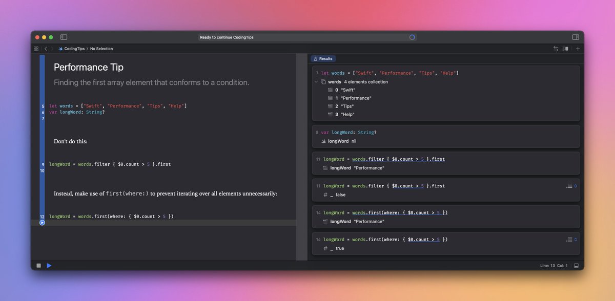 twannl's tweet image. 💡 Swift Performance Tip

Ever used filter(_:) just to grab the first matching element in an array?
That’s like running a marathon to reach the first checkpoint. 🏃♂️💨

Instead, use first(where:)
It stops searching the moment it finds what you’re looking for.

This is both a…