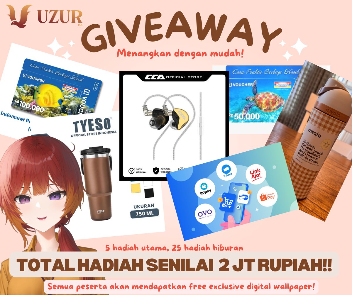 🔥GIVEAWAY ANNOUNCEMENT🔥

Halo, sobat #KaumtsUzur!
Merayakan grand opening Uzur Inc. &amp; debutnya mbak Entin, akan ada giveaway berhadiah yang bisa diikuti siapapun dengan mudah!

TOTAL PRIZE POOL = 2 JUTA🤯

Simak thread ini untuk mengetahui list hadiah &amp; cara join!✨

(1/4)