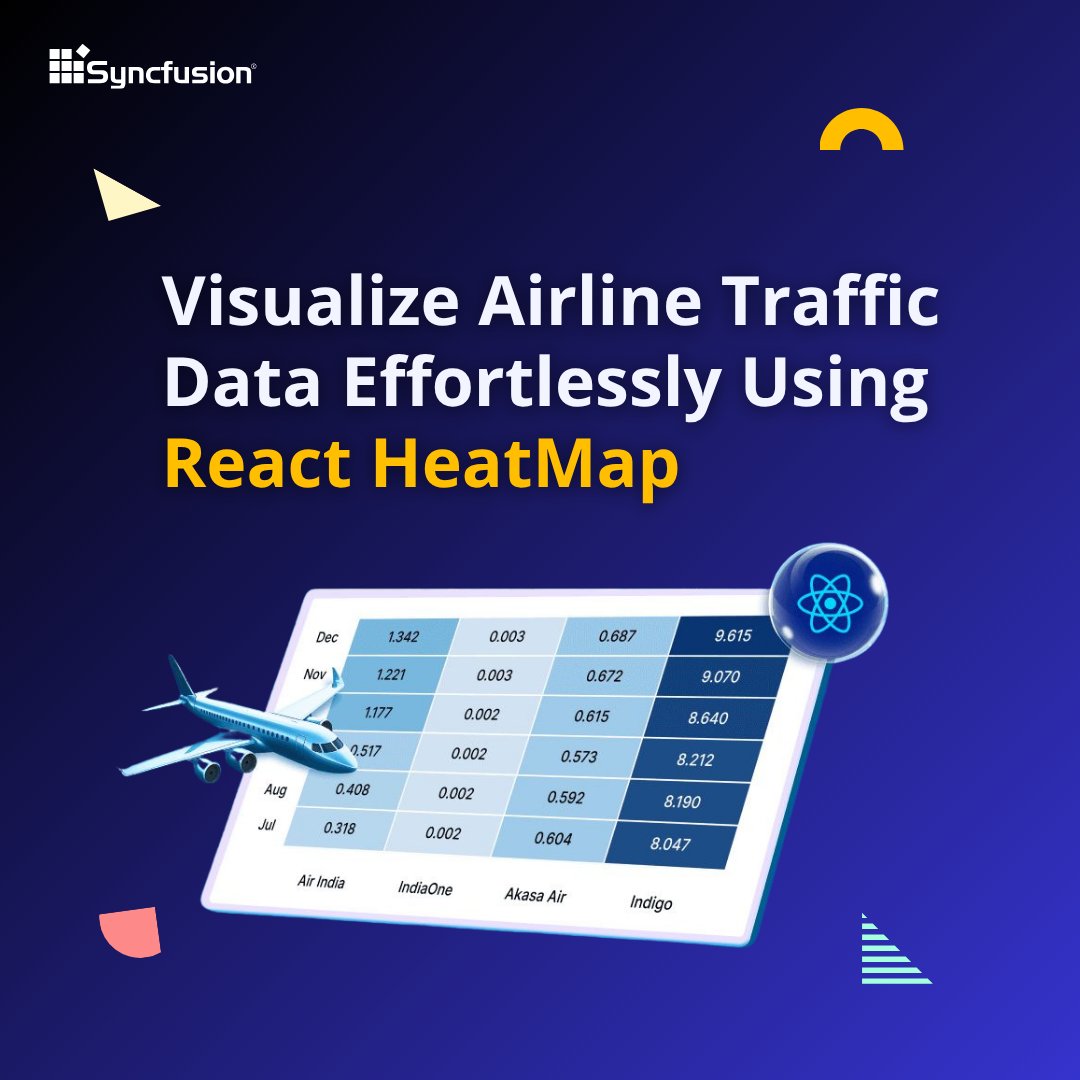 Syncfusion's tweet image. Bring your airline analytics to life with powerful visual insights!
Let’s walk through how to build an interactive HeatMap using React.
➡️ First up: Setting up the project 👇
#React #Data #HeatMap
(1/8)