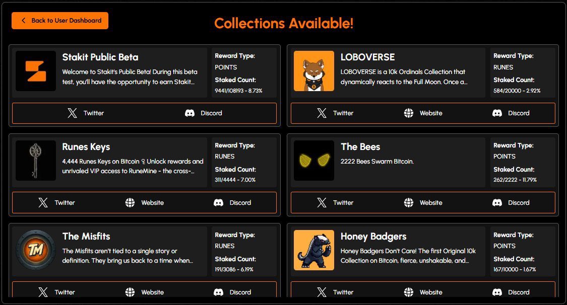We have multiple live collections available for Staking pools on our website.

If you own any of these Ordinals, you can stake right now!

Just head to our website and try out all the different features we have.

Connect your X.

Connect your wallet.

And you’re in 🔥