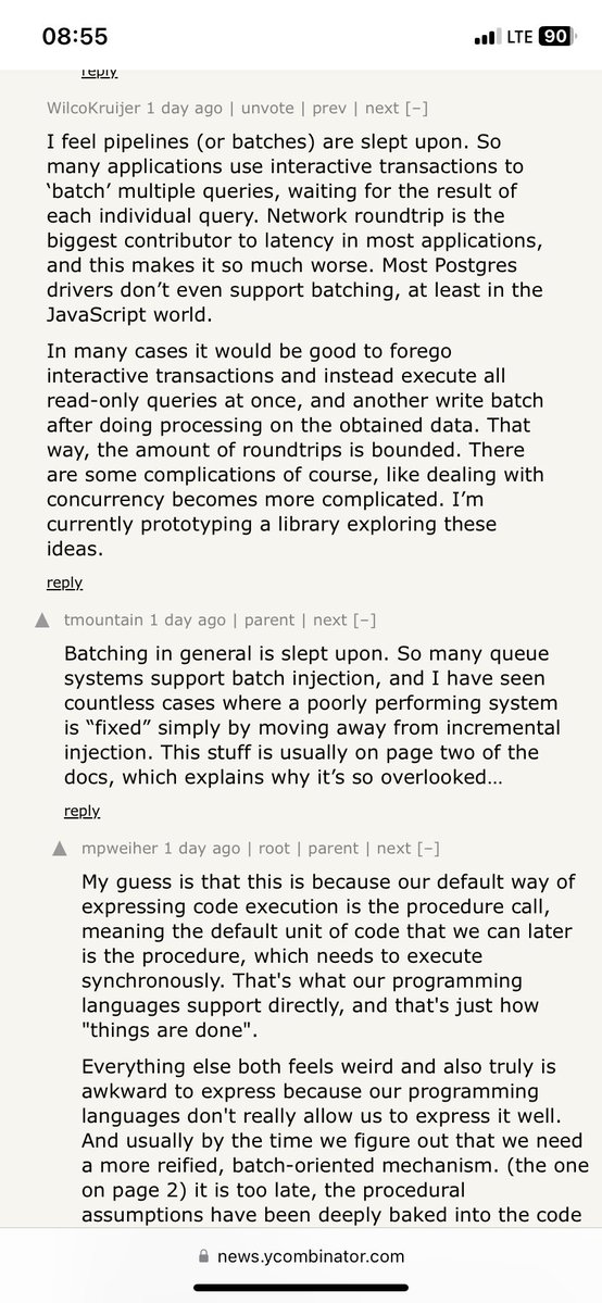 jhazani's tweet image. “So many applications use interactive transactions to ‘batch’ multiple queries, waiting for the result of each individual query. Network roundtrip is the biggest contributor to latency” #thoughprovoking #Hackernews