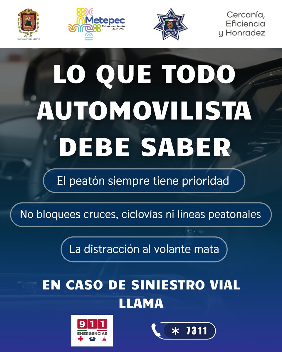 Conducir con responsabilidad salva vidas.
Respeta los cruces peatonales, mantén tu atención en el camino y evita obstaculizar espacios destinados a peatones y ciclistas.

Ante cualquier siniestro vial, comunícate al 911 o al *7311.

#Metepec #SeguridadVial #PolicíaMunicipal
