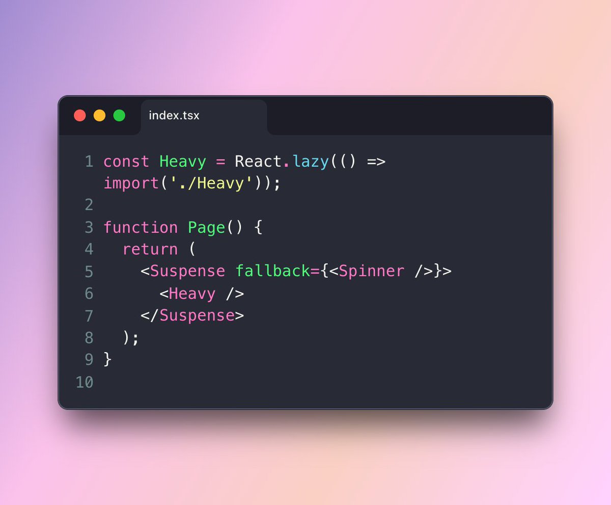 rohiddev's tweet image. Instead of conditional rendering, wrap a component in React.lazy + &lt;Suspense&gt; so it's loaded on demand, with a fallback UI.
Better user experience and chunk splitting.