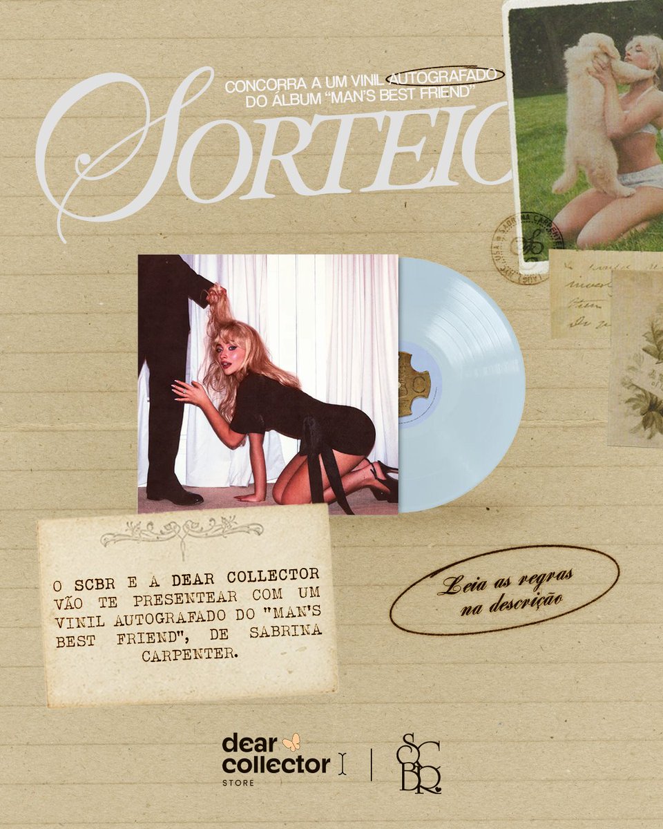 O SCBR e a Dear Collector vão te presentear com um vinil autografado do “Man's Best Friend” de Sabrina Carpenter. 💿

Você precisa estar seguindo todas as regras para participar:

• Seguir o <a href="/scarpenterbr/">Sabrina Carpenter Brasil | fan account</a> e a <a href="/dearcollector/">dear collector.</a> no X/Twitter.
• Seguir sabrinacarpenterbr e