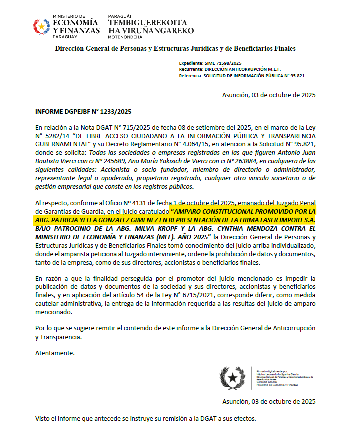 Antonio Vierci también presentó un amparo constitucional para impedir que el Estado informe en qué sociedades él y su esposa, Ana María Yakisich, están vinculados. No pedí datos privados ni balances: pedí información pública sobre sus sociedades. ¿De qué tienen miedo? Hilo
