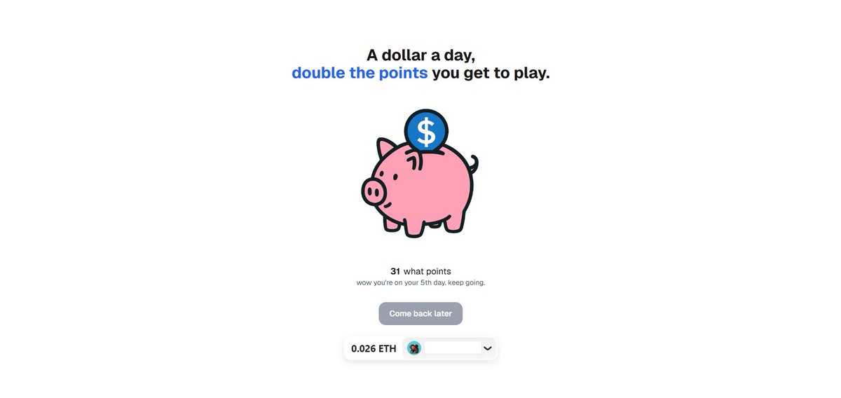 2xthepoints's tweet image. day 5 another $1 in. points now at 31. market&apos;s crying, piggy&apos;s thriving

only a buck a day to start getting points brrrr

#whatsthepoint #base #day5