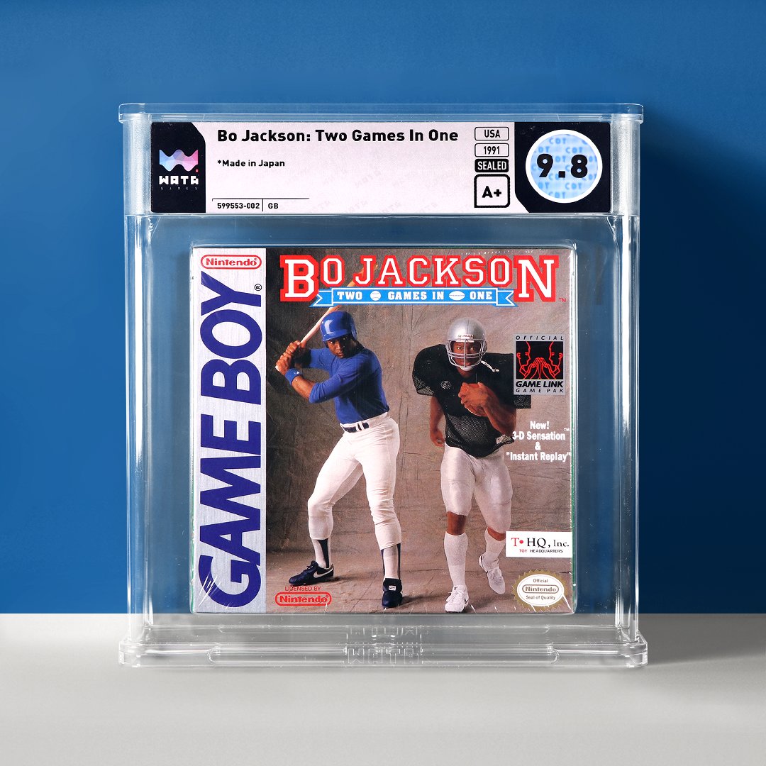 Bo knows football and baseball… and games. As the only professional athlete to be named an All-Star in two major American sports, Bo Jackson also took his skills to the gaming scene. Bo Jackson Baseball was released in 1991 for NES and PC, shown here in a 9.4 and signed by