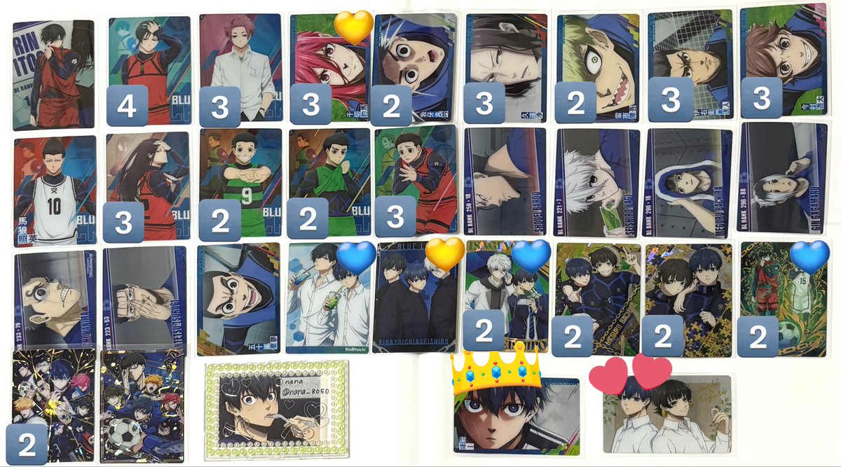 【交換.譲渡.買取】ブルーロック ウエハース

譲▶︎画像参照

求▶︎👑＞💕潔.異種潔又は50/枚＋送料

◎名古屋手渡し又は郵送
・凛.冴.凪単体.💙はお声掛け重なる場合半数~同数無印＞＞💛含む譲渡最優先

👑のみ買取(~80円)しています