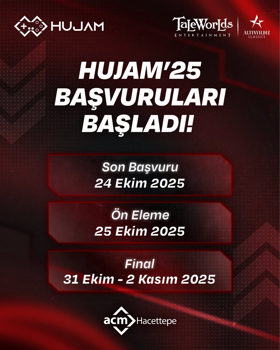 Bu sene 5.sini düzenleyeceğimiz HUJAM'25 yarışmamızın başvuruları başladı! 💜🎉

Hacettepe öğrencileri başta olmak üzere Türkiye'deki tüm öğrencilerin katılabileceği yarışmamız online ön eleme ve yüz yüze final aşamalarından oluşacaktır.