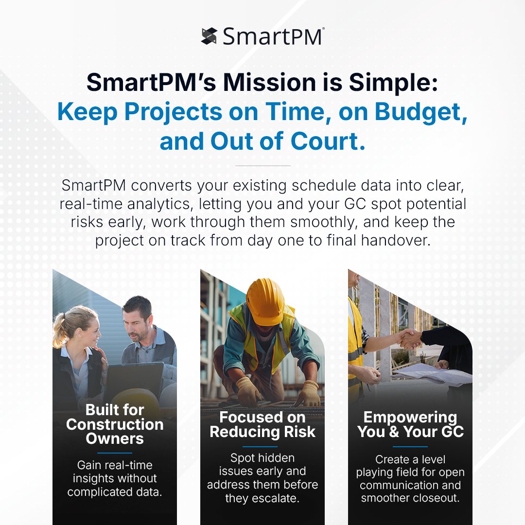 SmartPMTech's tweet image. Most owners don’t need more reports. They need clarity.
SmartPM turns CPM schedules into real-time, unbiased insights—without delays.
✅ Helps keep projects on time
✅ Helps protect budgets
✅ Reduces disputes with transparent data
See how it works → bit.ly/4nsVrwE