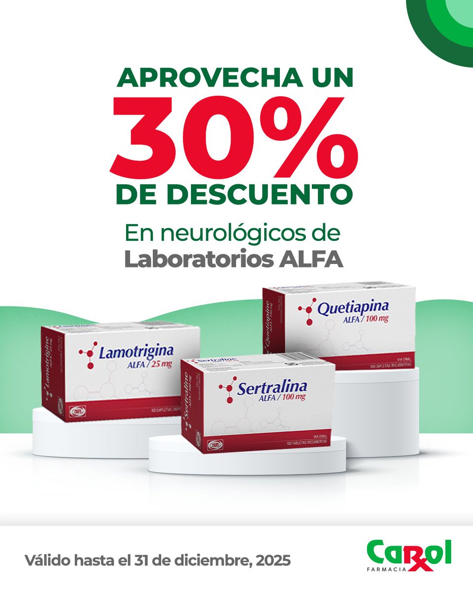 Aprovecha un 30% de descuento en tus productos de neurológicos genéricos de Laboratorios Alfa.

Recuerda que adicional recibes el doble de puntos al presentar tu Tarjeta Carol Leal.
Válido hasta el 31 de diciembre del 2025. 

#FarmaciaCarol