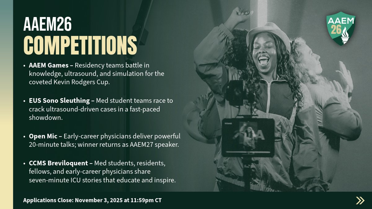aaeminfo's tweet image. Show your skills. Gain recognition. Win big. 🏆 AAEM’s Scientific Assembly Competitions are where EM’s rising stars shine.

📅 Apps open Oct 8
⏰ Deadline Nov 3, 11:59pm CT
🔗aaem.org/aaem26/educati…

Don’t miss your chance to compete! #AAEM2026 #EMLeadership
