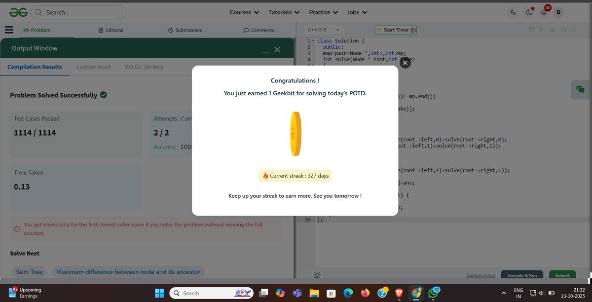 DRana866593's tweet image. Day 326
Problem of the Day(POTD) 13/10/2025
Maximum Non-Adjacent Nodes Sum
#geeksforgeeks
#gfg160
#geekstreak2025
#womenintech