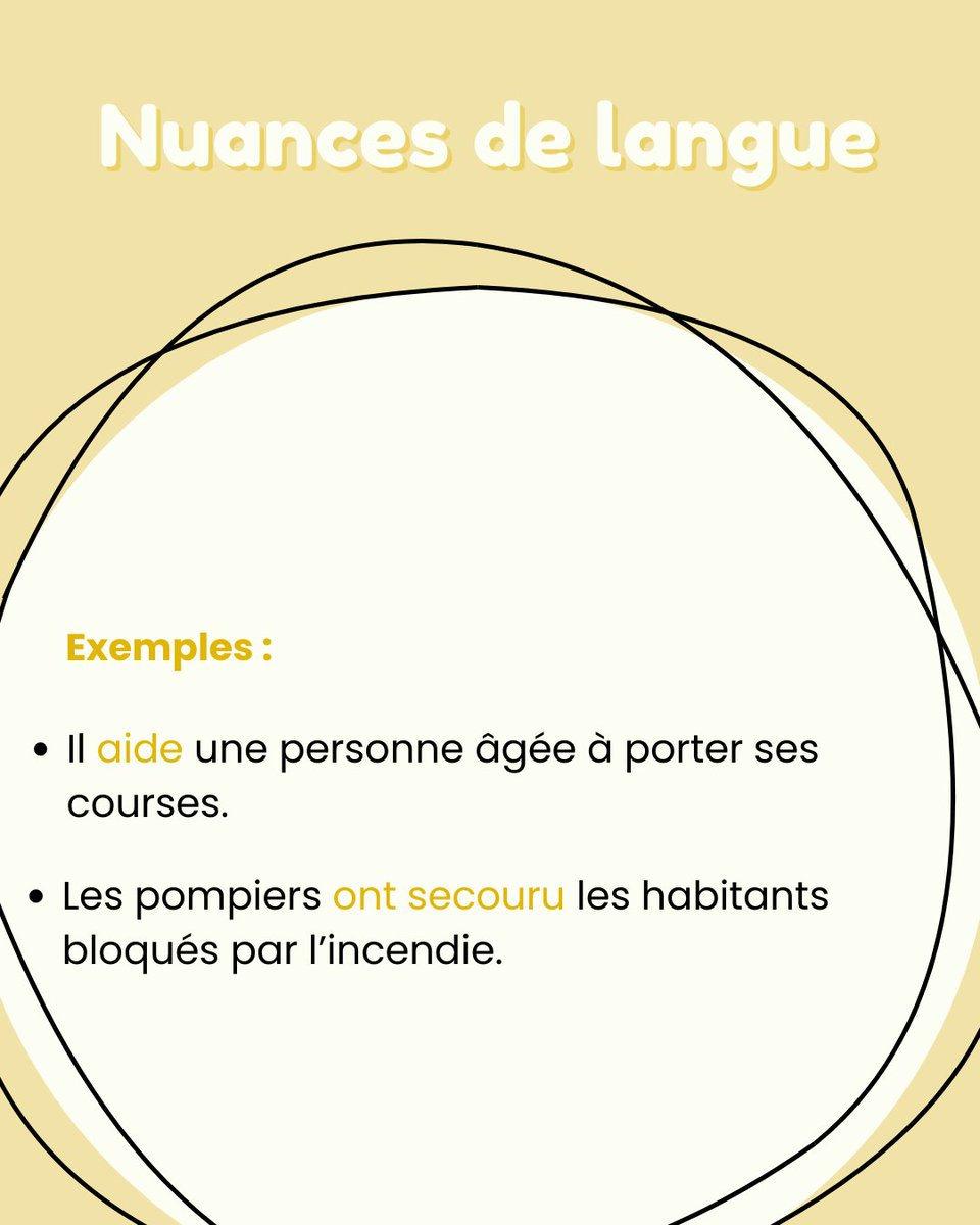 ➡️ Aider = assister quelqu’un qui a un problème.
➡️ Secourir = sauver quelqu’un d’un danger ou d’une urgence.

💬 Et vous, avez-vous déjà aidé quelqu’un ou secouru quelqu’un ?

#NuancesDeLangue #FLE #VocabulaireFrançais #ApprendreLeFrançais