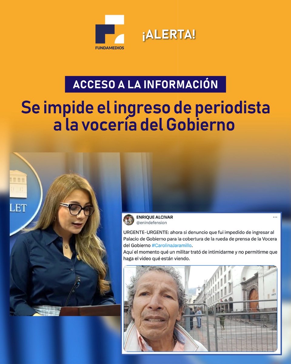 🚨 #ALERTA | El periodista Enrique Alcívar fue impedido de ingresar al Palacio de Gobierno para la rueda de prensa de Carolina Jaramillo de este lunes. Esto a pesar de que Jaramillo señaló que gestionaría su entrada. Además, la Secretaría de Comunicación limitó previamente las