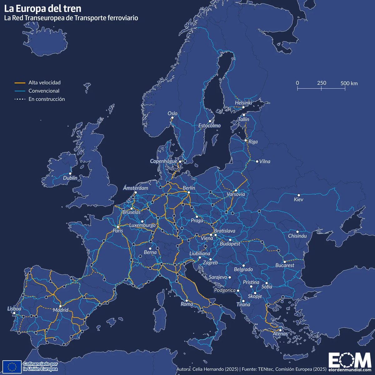 🗺️Así es el mapa de los trenes en Europa.

La Red Transeuropea tiene más de 200.000 km, la mayor del mundo. Chequia, Bélgica y Alemania los países con mayor densidad de red.

🚄El fomento del transporte ferroviario es una estrategia para luchar contra el cambio climático. 

¿Lo
